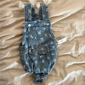 Old Navy Denim Overalls with White Floral Pattern